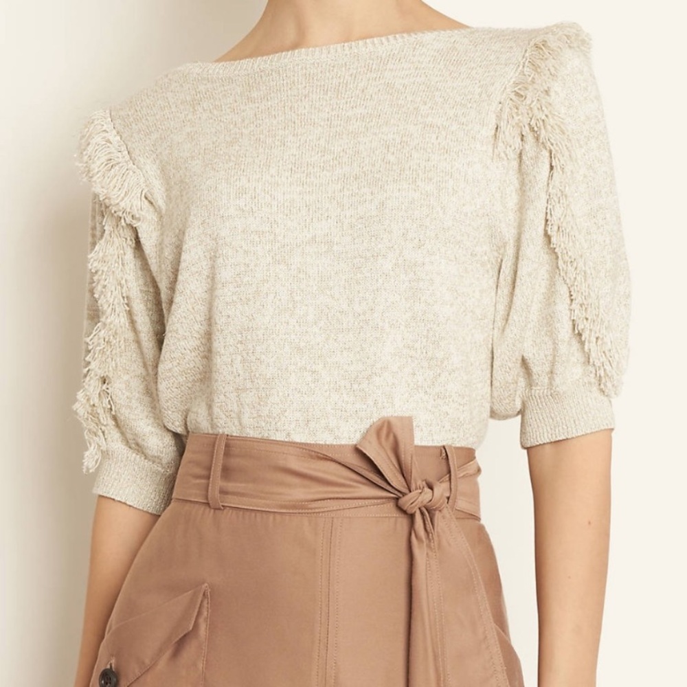 Ann Taylor Beige & Metallic Gold Shimmer Fringe Detail Puff Sleeve Sweater - Picture 1 of 16